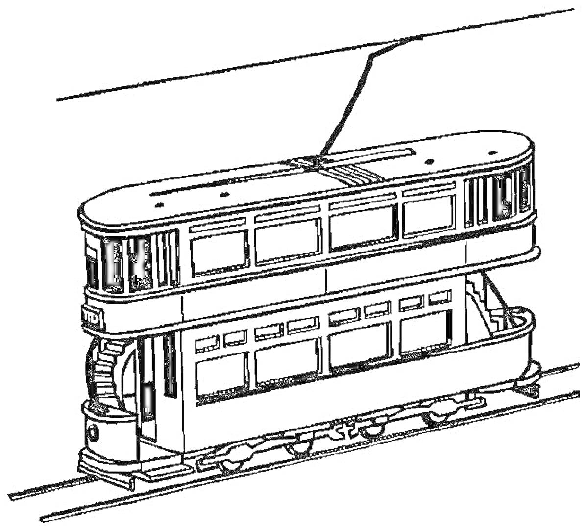 Раскраска Двухэтажный поезд с открытыми площадками, окнами и крышей, с пантографом и движущийся по рельсам