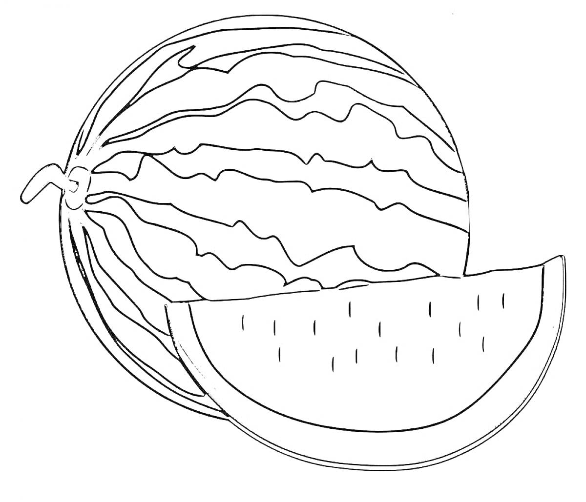 На раскраске изображено: Арбуз, Долька арбуза, Фрукты, Еда, Для детей