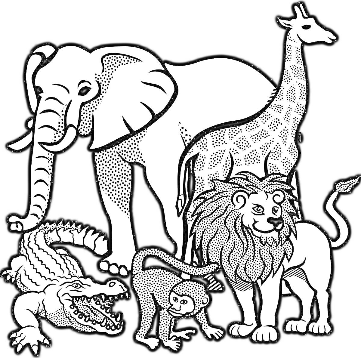 На раскраске изображено: Слон, Лев, Крокодил, Животные, Дикая природа, Саванна
