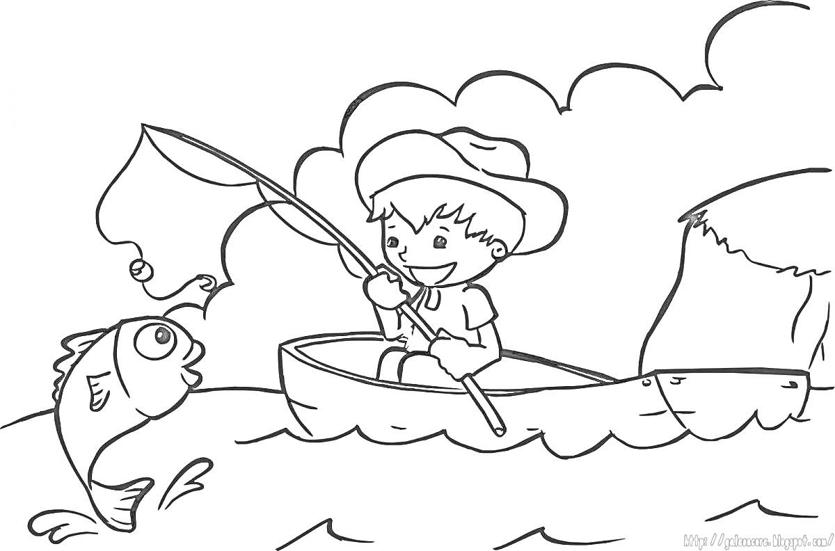 На раскраске изображено: Мальчик, Лодка, Река, Рыбалка, Удочка, Рыба, Вода, Облака, Природа