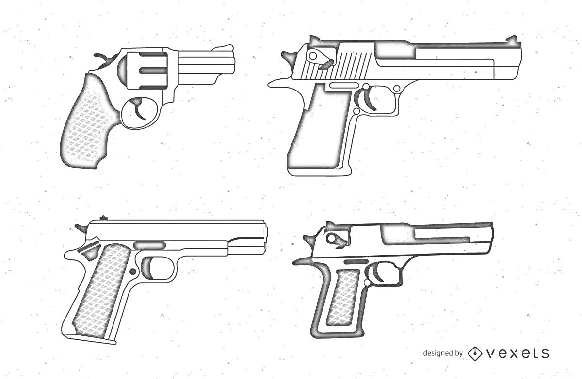 Раскраска Четыре черно-белых пистолета, дигл, револьвер и еще два пистолета