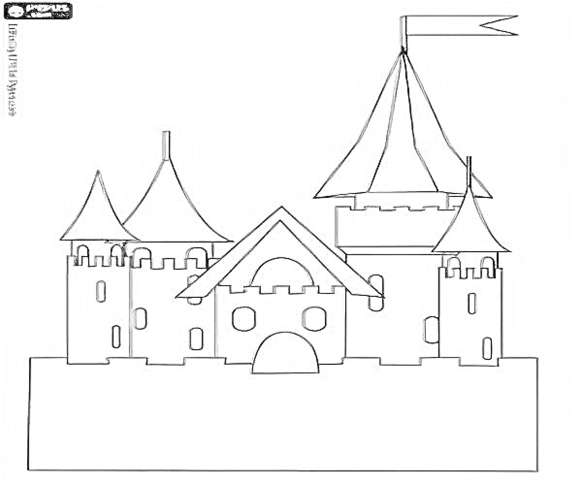 Раскраска Сказочный дворец с пятью башнями, большим входом, и флагом на крыше.