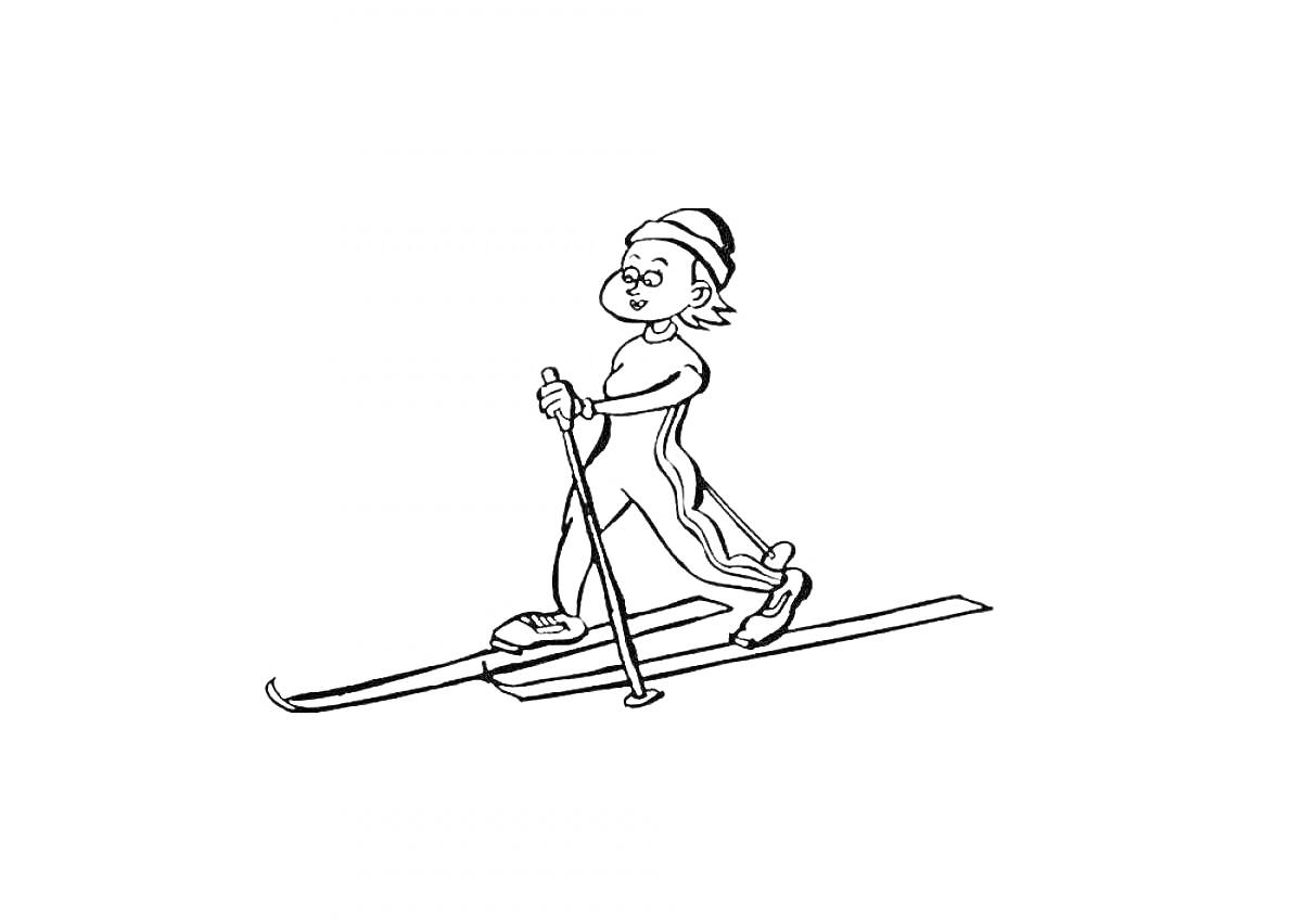 На раскраске изображено: Лыжник, Шапка, Очки, Палки, Зима, Спорт, Активность