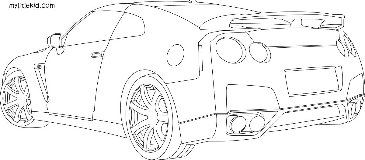 На раскраске изображено: Спортивный автомобиль, Большие колеса, Спойлер
