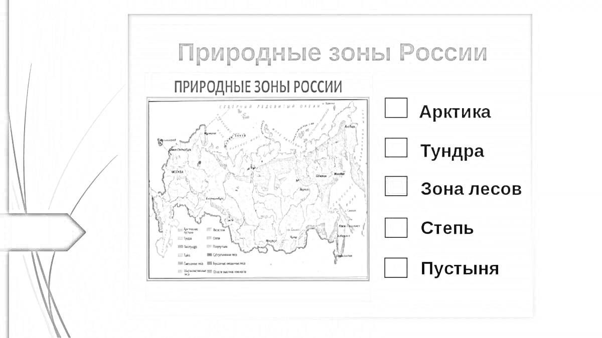 На раскраске изображено: Природные зоны, Россия, Карта, Арктика, Тундра, Степь, Пустыня, 4 класс