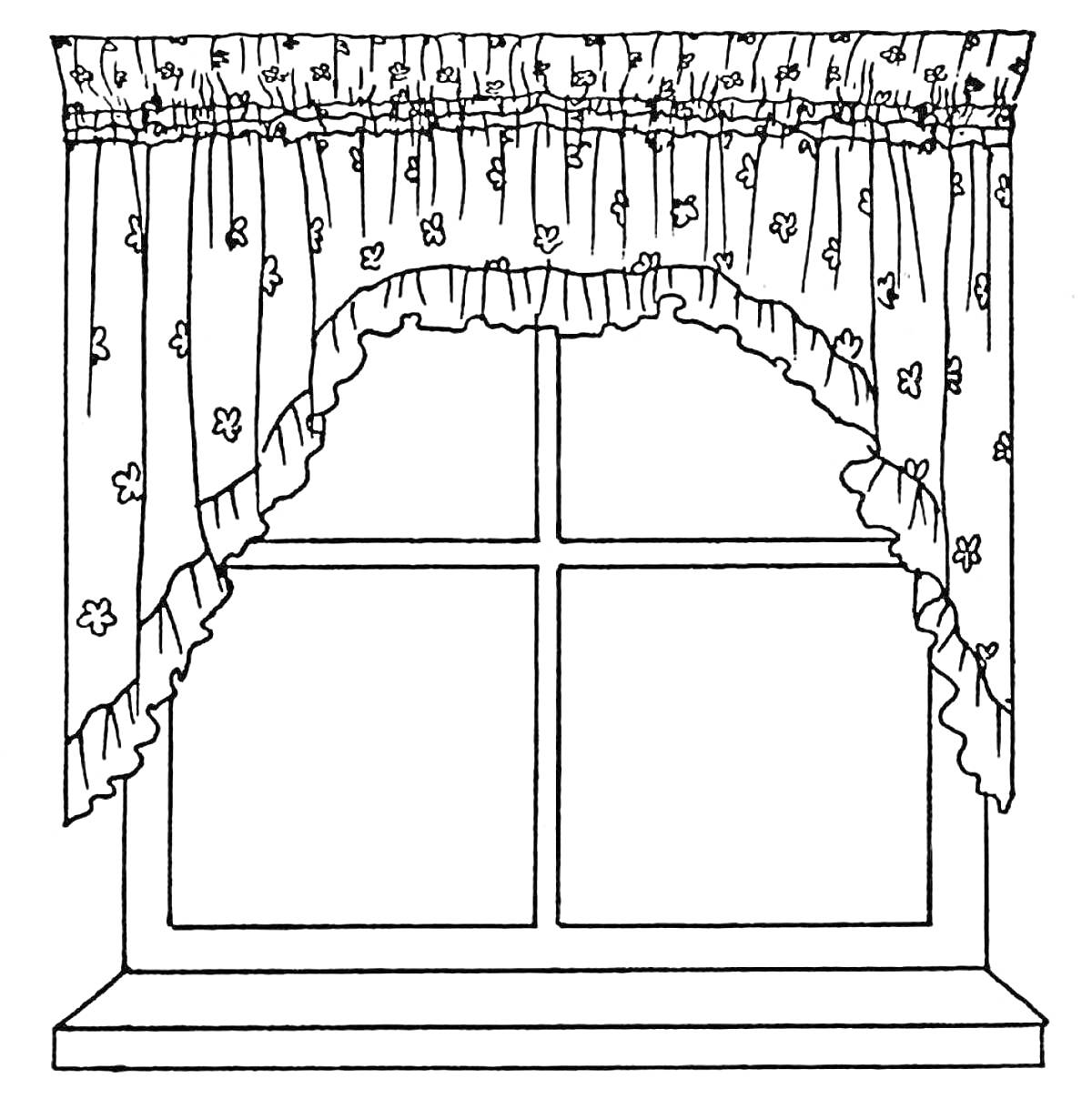 Раскраска Окно с фигурными занавесками и цветочным узором