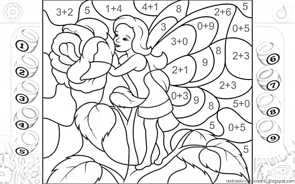 На раскраске изображено: Фея, Для детей, Роспись, Математика, Творчество, Цветы