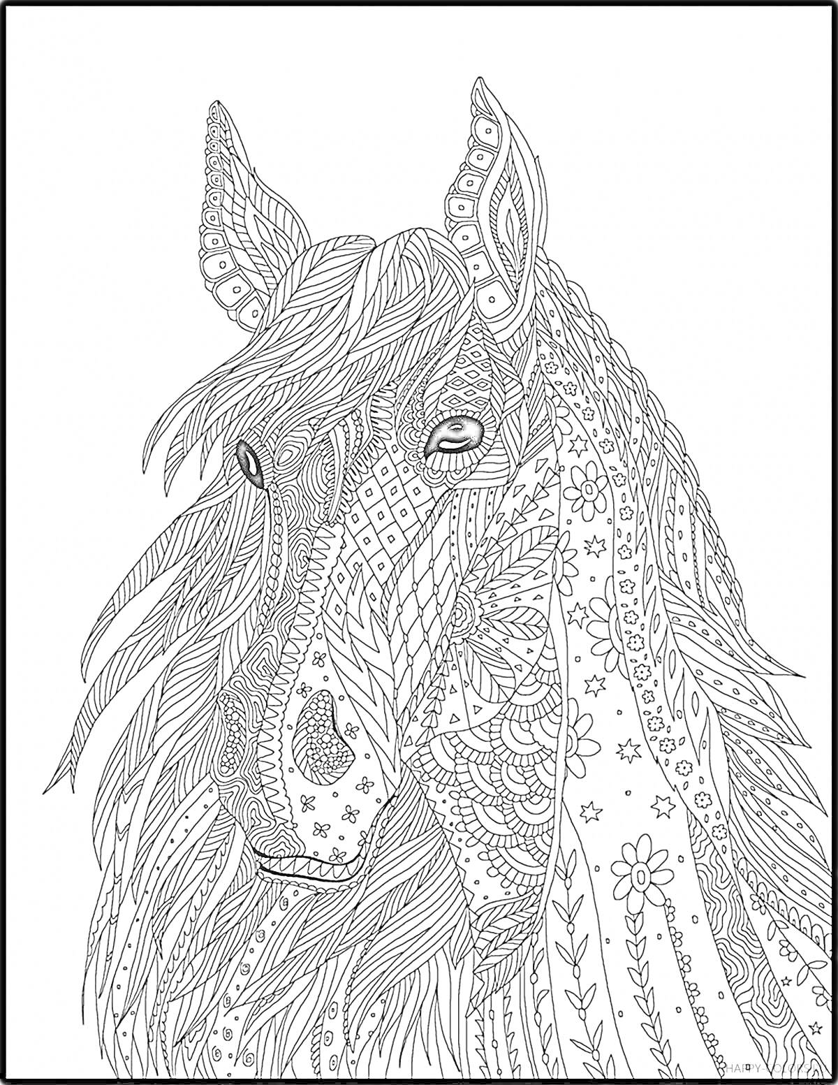 На раскраске изображено: Лошадь, Узоры, Декоративные элементы, Цветы, Листья