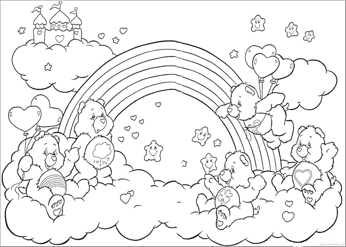 Раскраска Радужные медвежата на облаках с замком, воздушными шарами и звездами