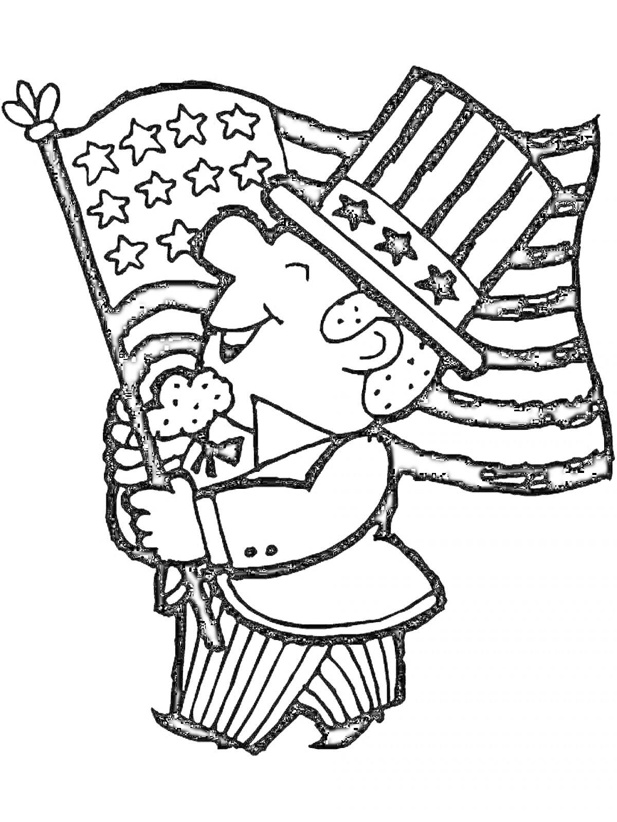 На раскраске изображено: США, Флаг, Человек, Патриотизм, Цилиндр, Звезды, Полосы, Костюм