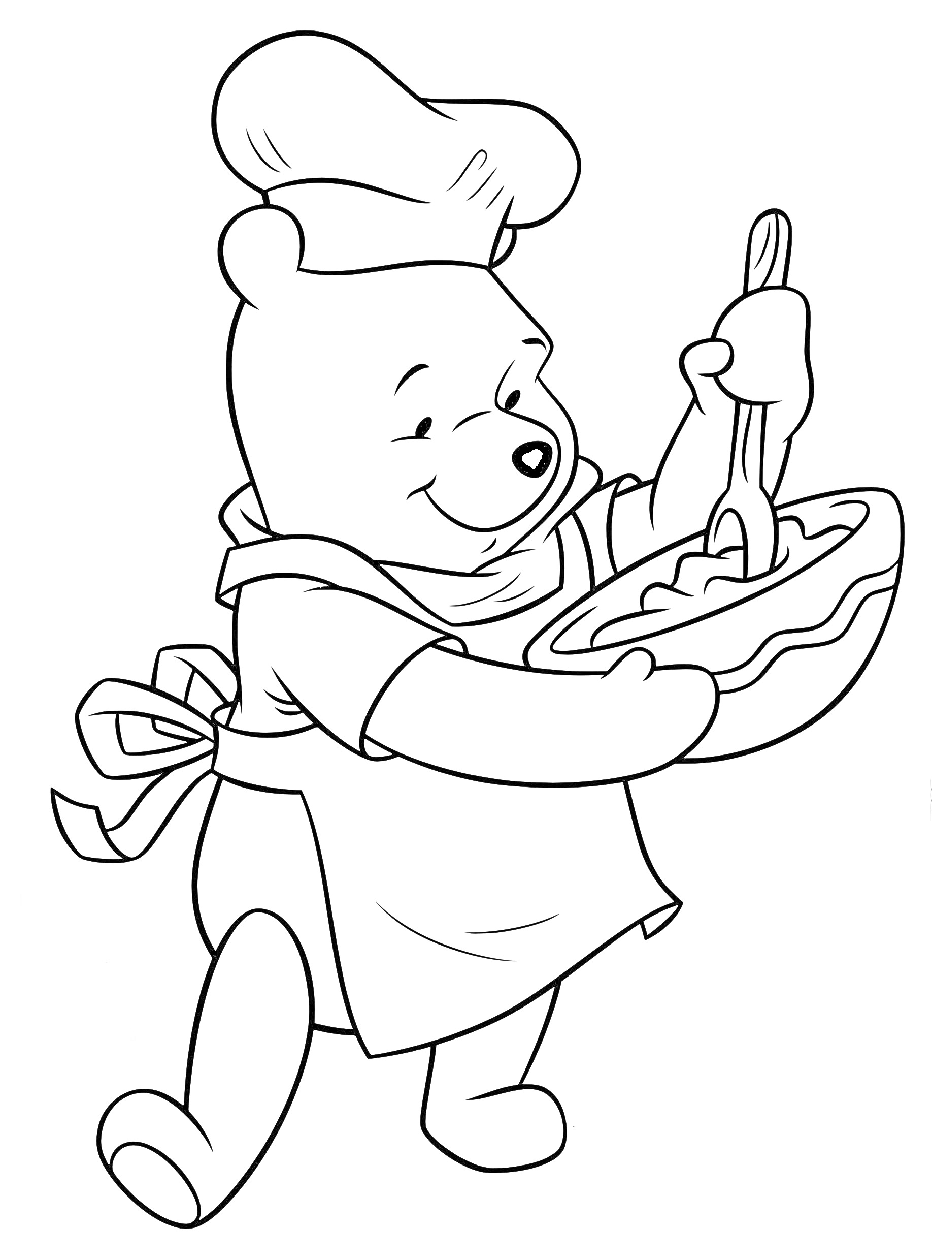 Раскраска Медвежонок-повар в фартуке и колпаке, мешающий тесто в миске