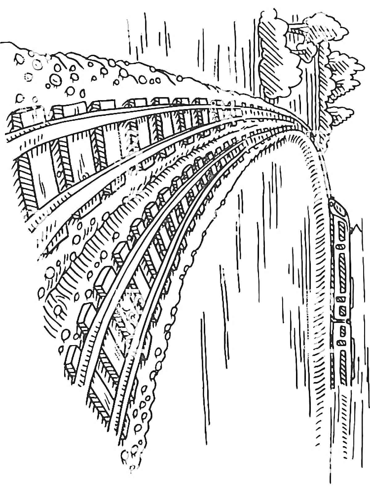 На раскраске изображено: Железная дорога, Поезд, Мост, Деревья, Рельсы, Вагоны, Природа, Инфраструктура