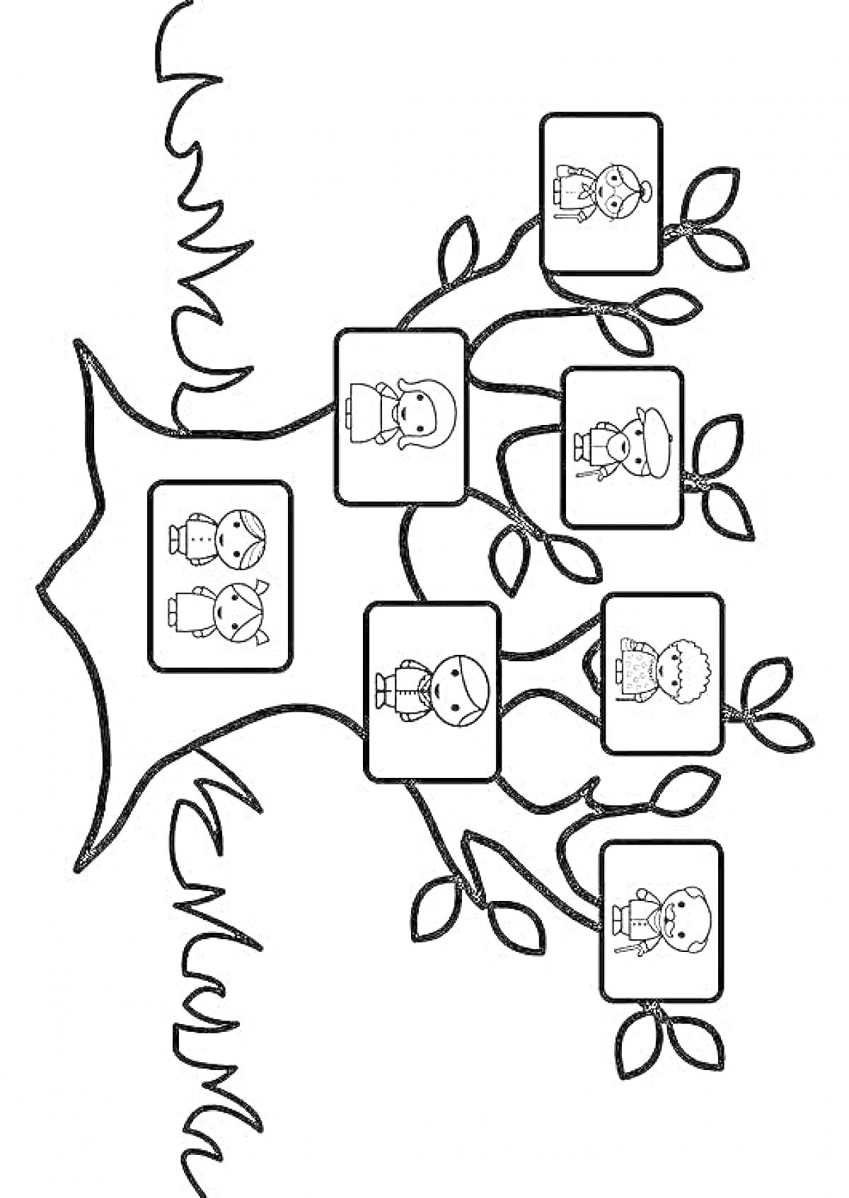 Раскраска с генеалогическим деревом, включающая изображения шести членов семьи, размещенные в квадратах на ветвях дерева.