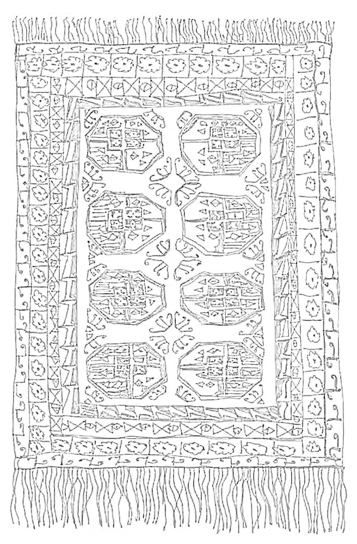 Раскраска Ковер с узором в центральных фигурах и орнаментом по краям, бахрома по верхнему и нижнему краям