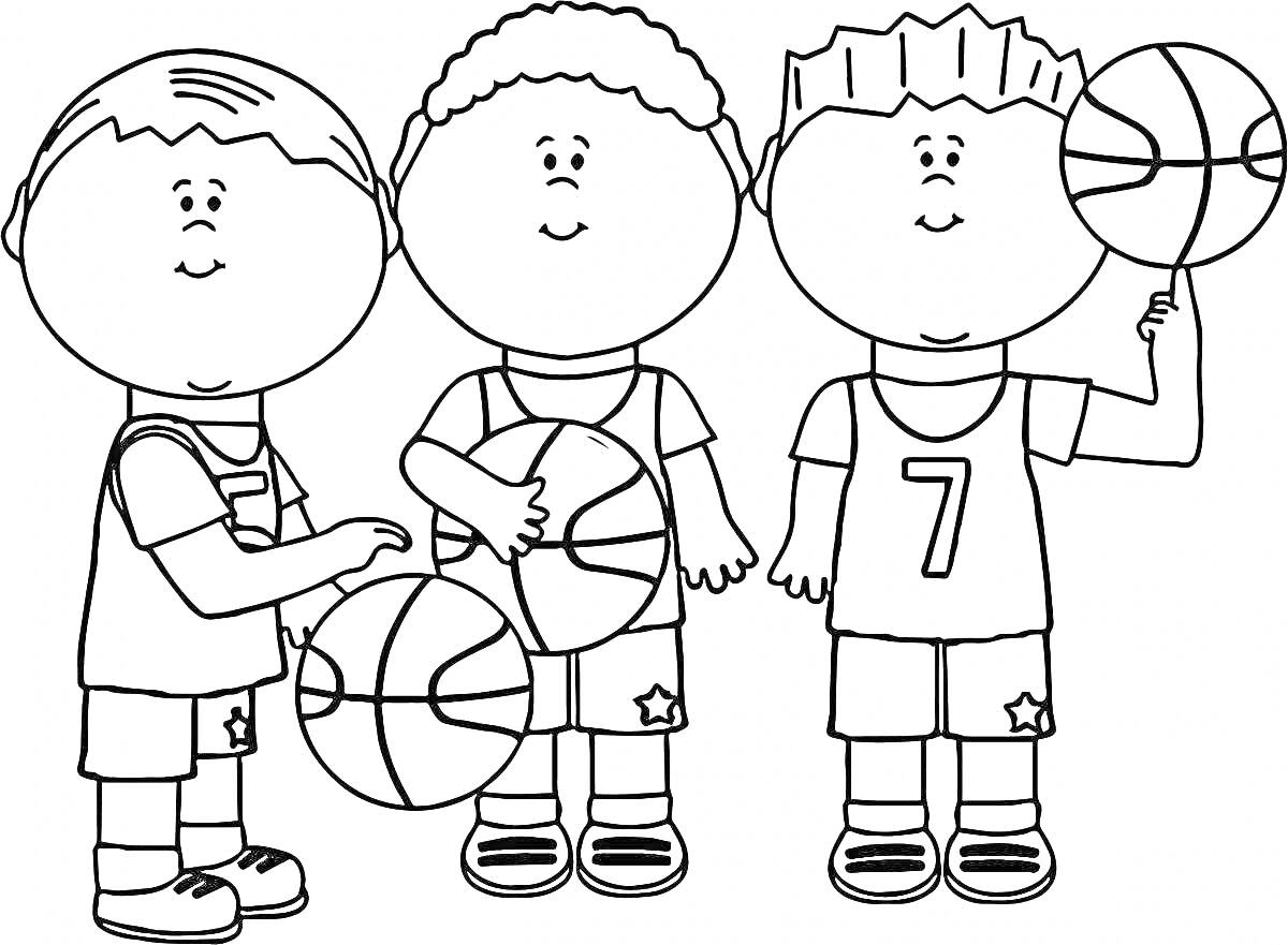 Раскраска Трое детей с баскетбольными мячами