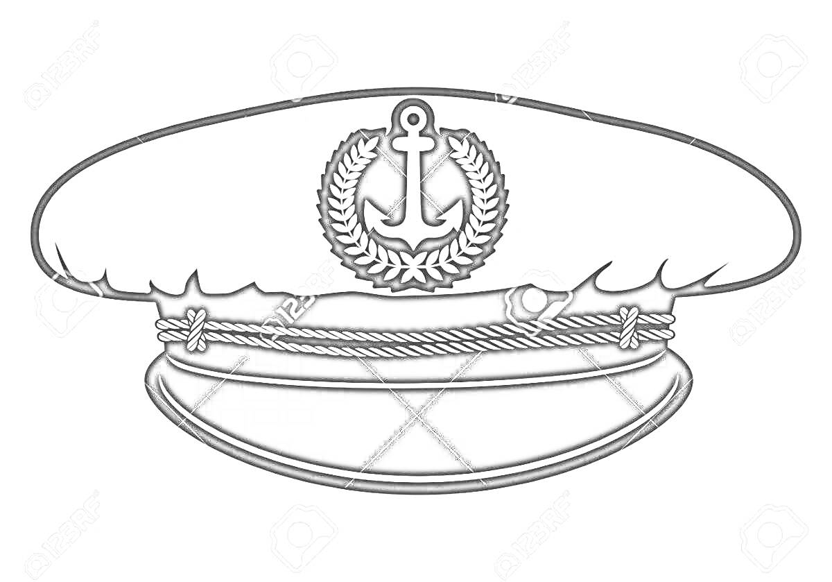 Раскраска Фуражка морского капитана с якорем и веревками
