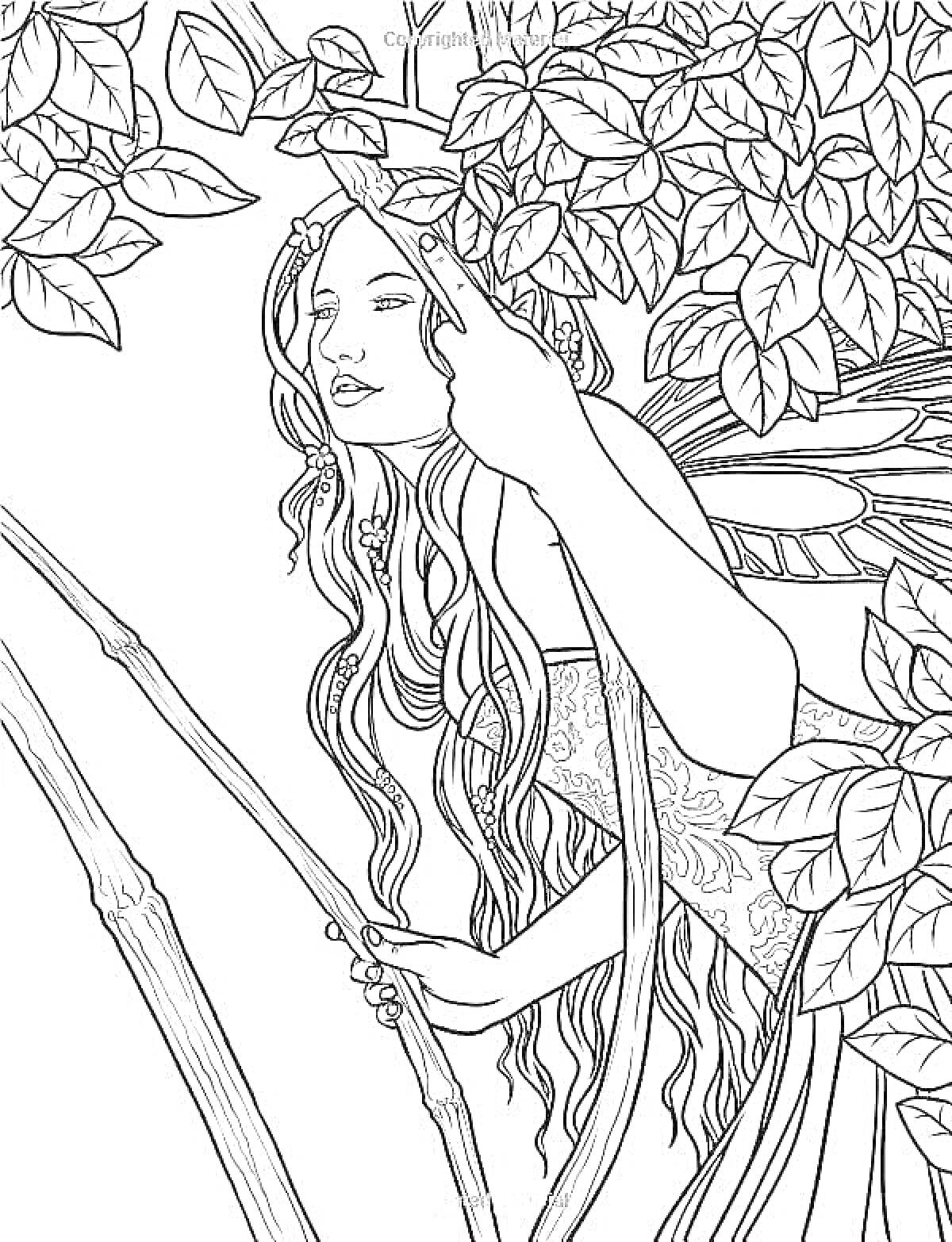 Раскраска Девушка весна среди ветвей и листьев, с длинными волосами и крыльями, в платье с узором