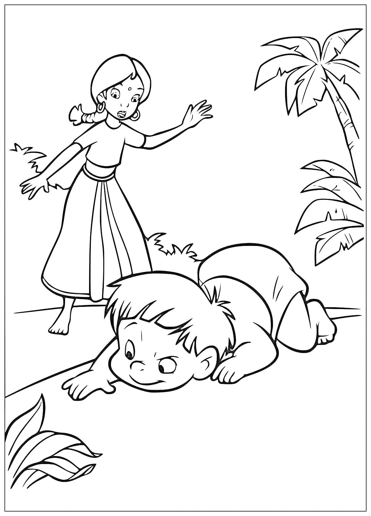 На раскраске изображено: Книга джунглей, Мальчик, Девочка, Листья, Джунгли