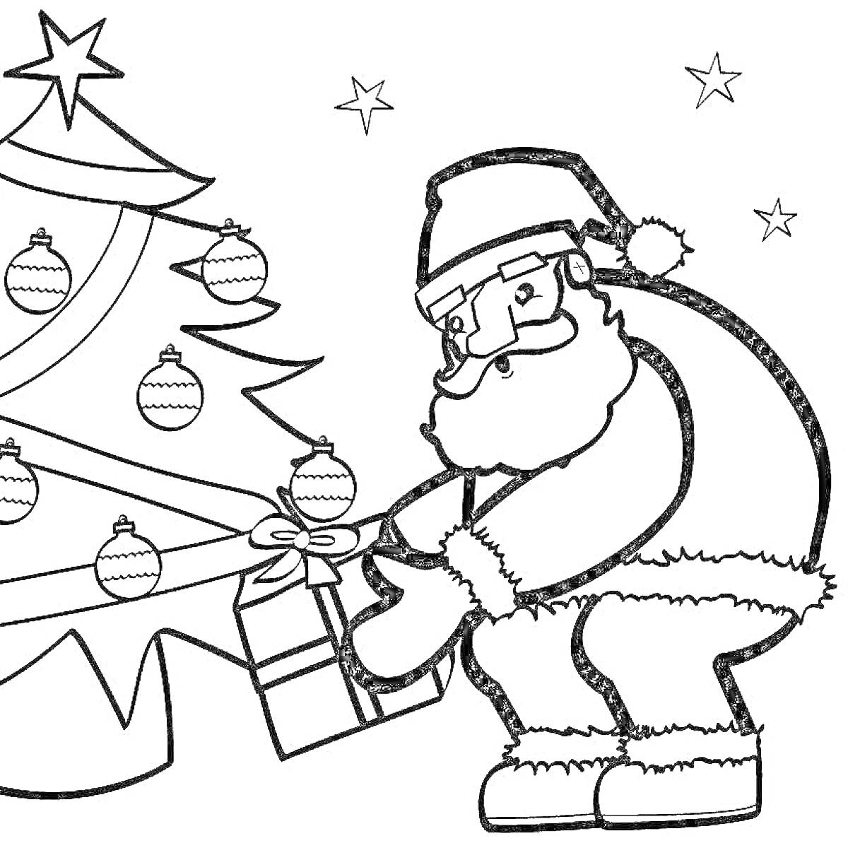 На раскраске изображено: Дед Мороз, Украшения, Новогодние шары, Звезды, Новый год, Рождество, Зима, Подарки, Елки