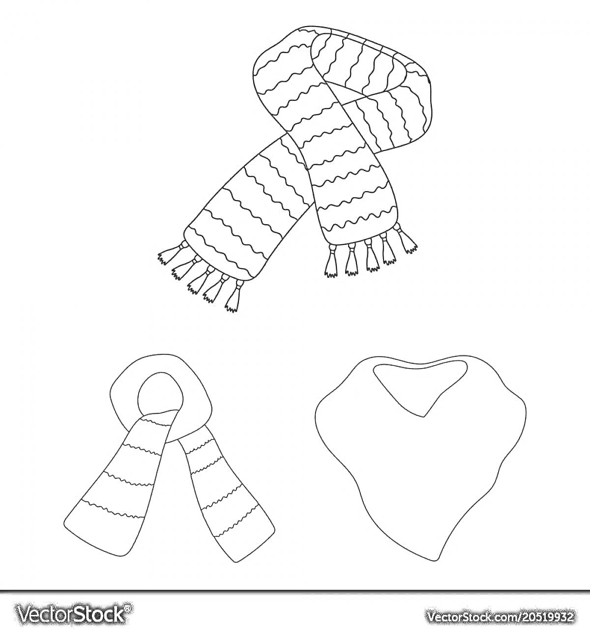 Раскраска Три шарфика для малышей: полосатый шарф с кисточками, простой полосатый шарф и бандана-слюнявчик.