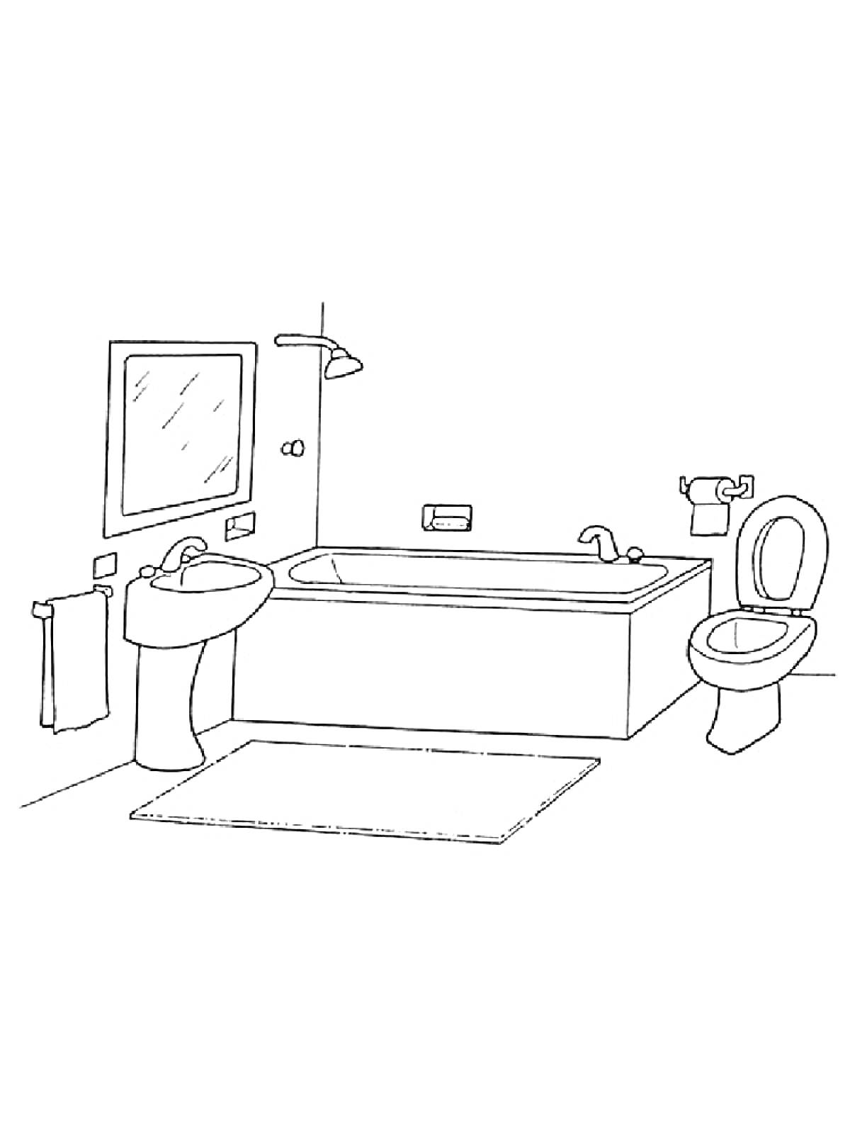 Ванная комната с ванной, умывальником, зеркалом, ковриком, держателем для полотенец и унитазом