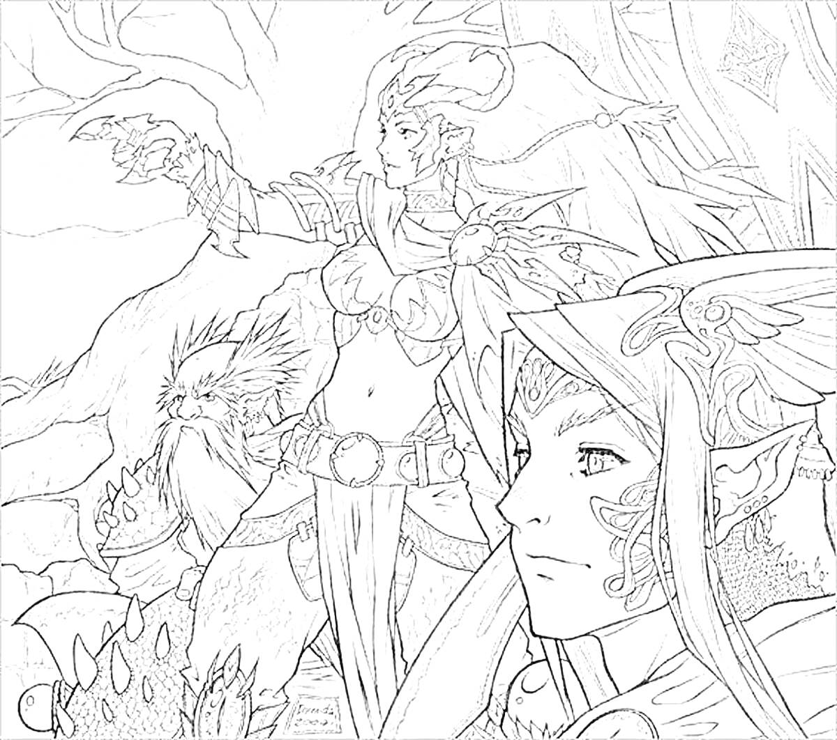 РаскраскаЭльфы и магическое существо рядом с деревьями