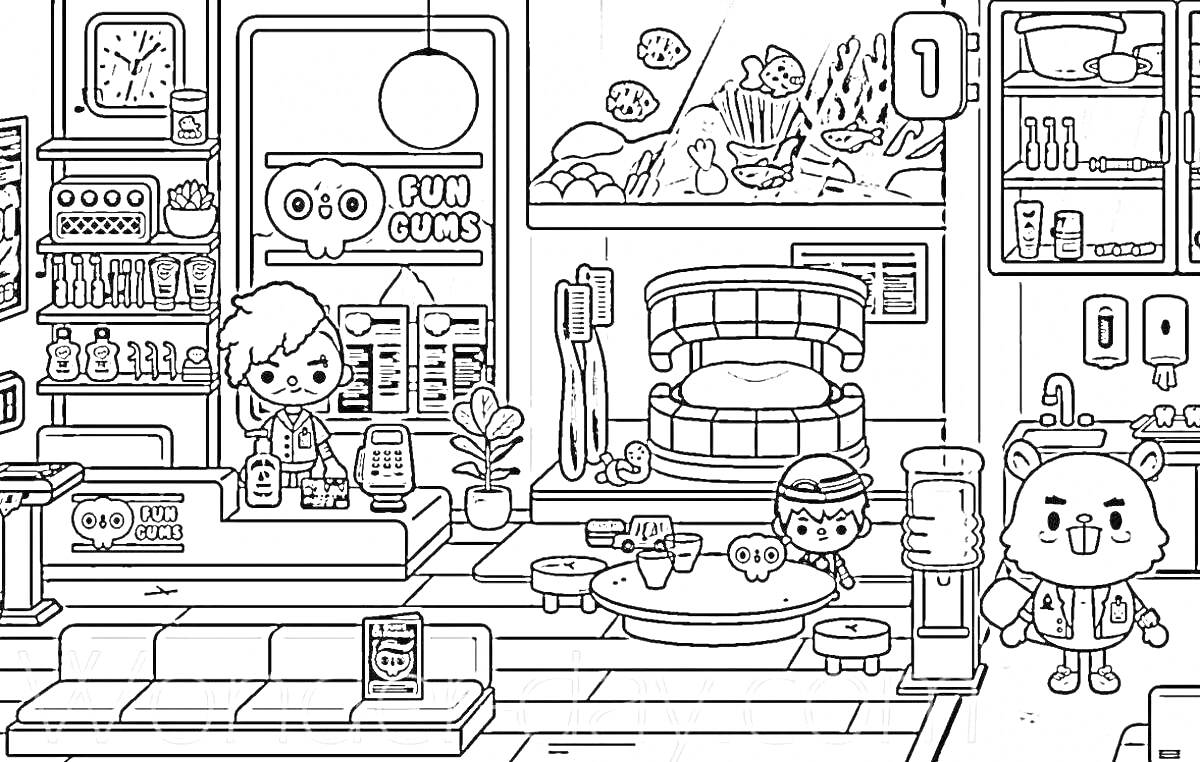 Раскраска Магазин сладостей с диваном, столом и персонажами