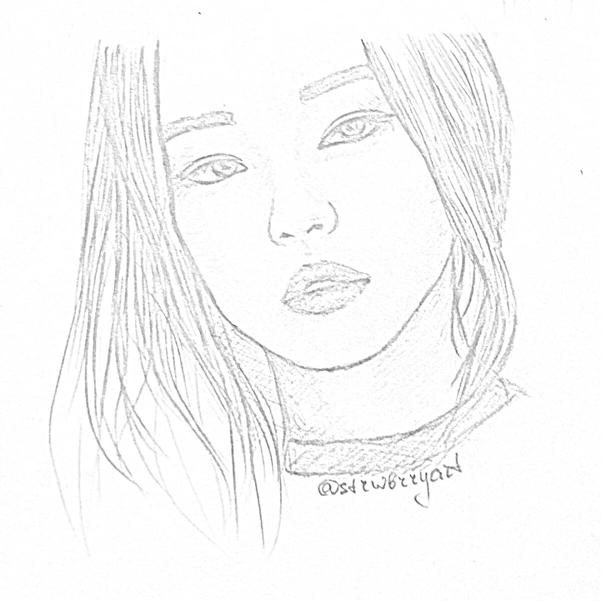 Раскраска Портрет девушки с длинными волосами и серьезным выражением лица, черно-белый рисунок, подпись 