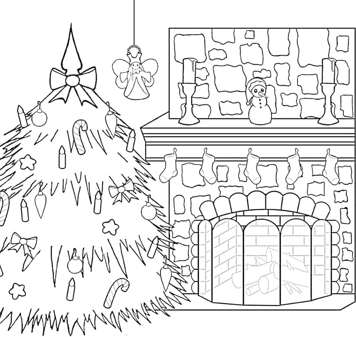 На раскраске изображено: Рождественская елка, Камин, Снежный человек, Носки, Свечи, Новогодние украшения, Конфеты, Ангел, Каменная стена