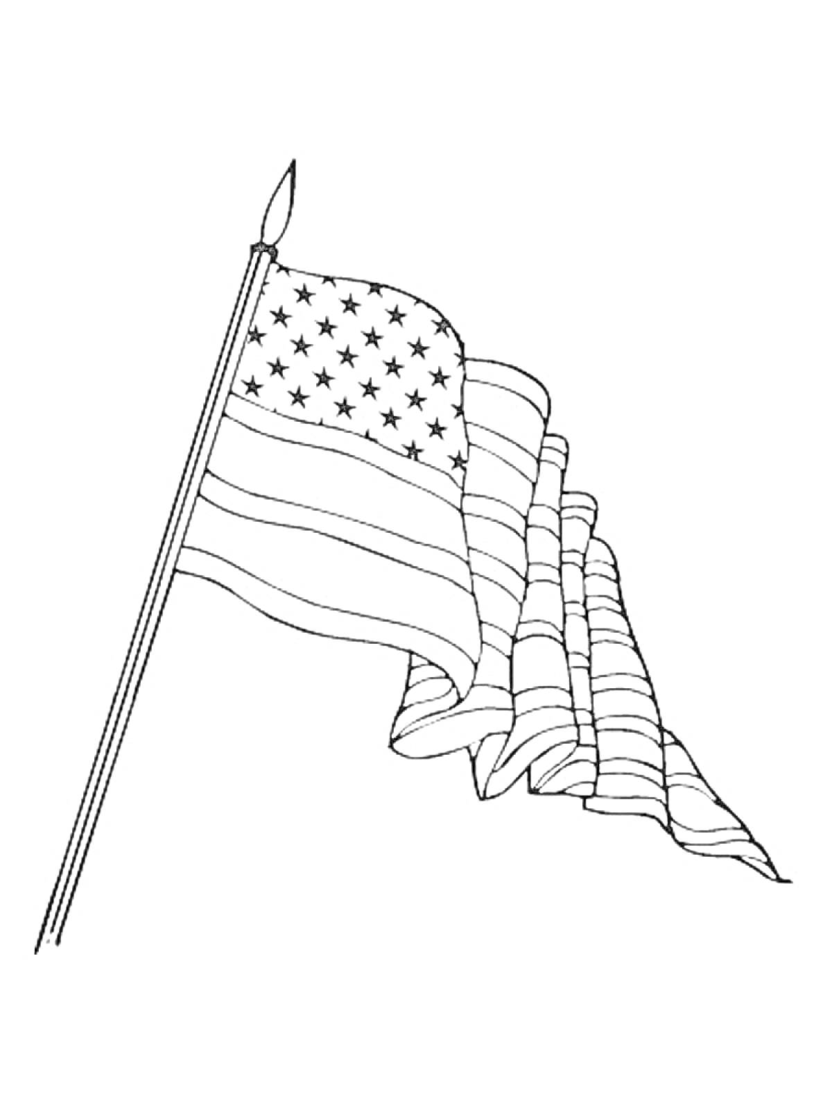 На раскраске изображено: Флаг, Полосы, Звезды, Древко, США, Патриотизм