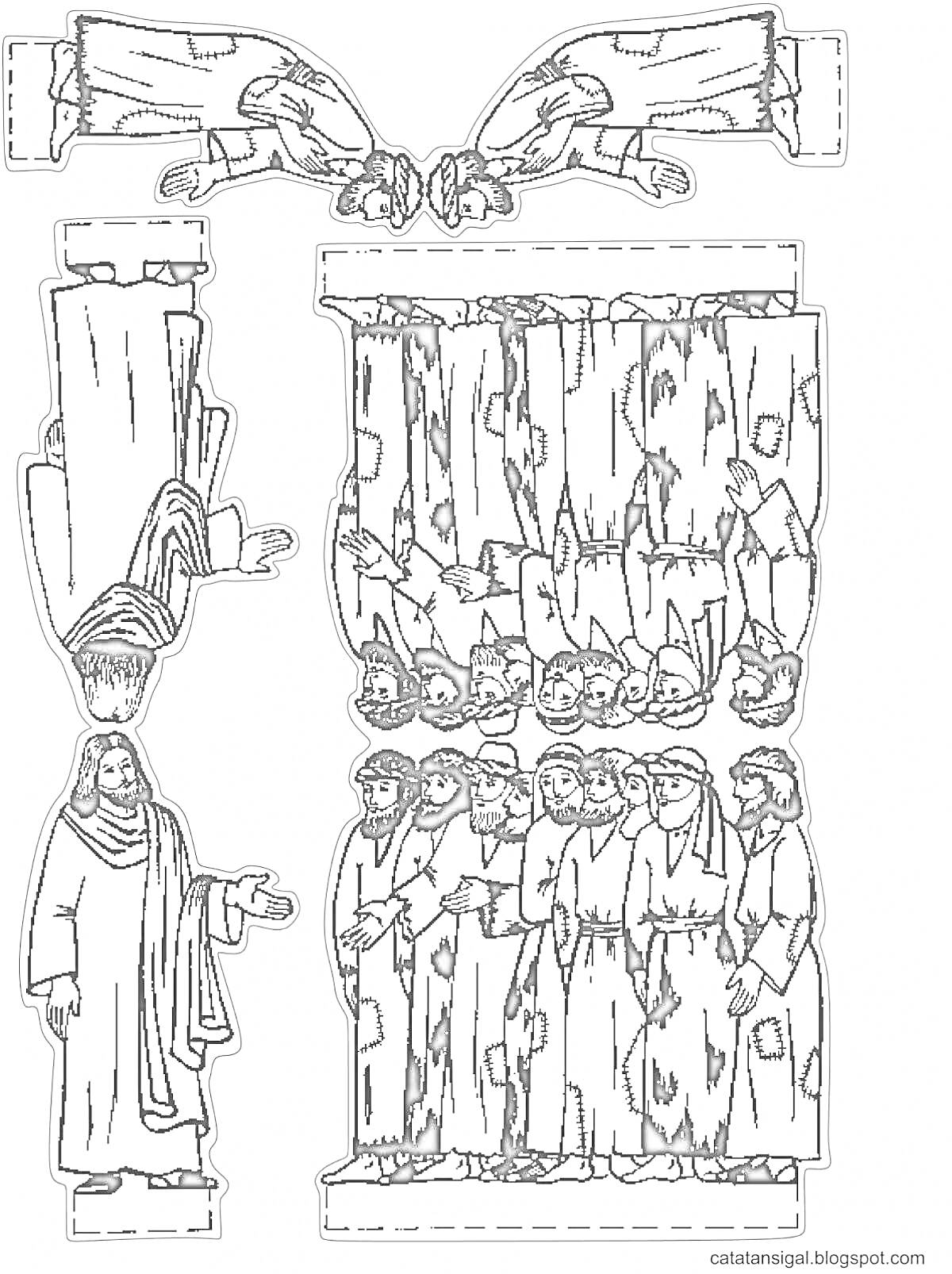 Раскраска Иисус с протянутой рукой и группа из 10 человек (прокаженных), выполненные в форме фигуру для вырезания и складывания