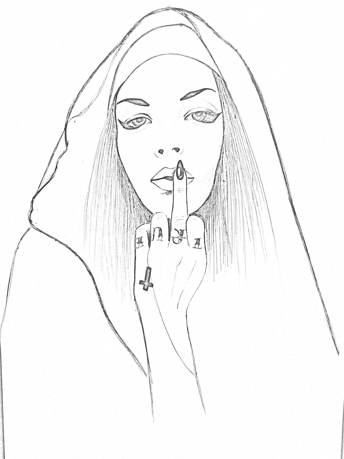На раскраске изображено: Монашка, Средний палец, Лицо, Капюшон