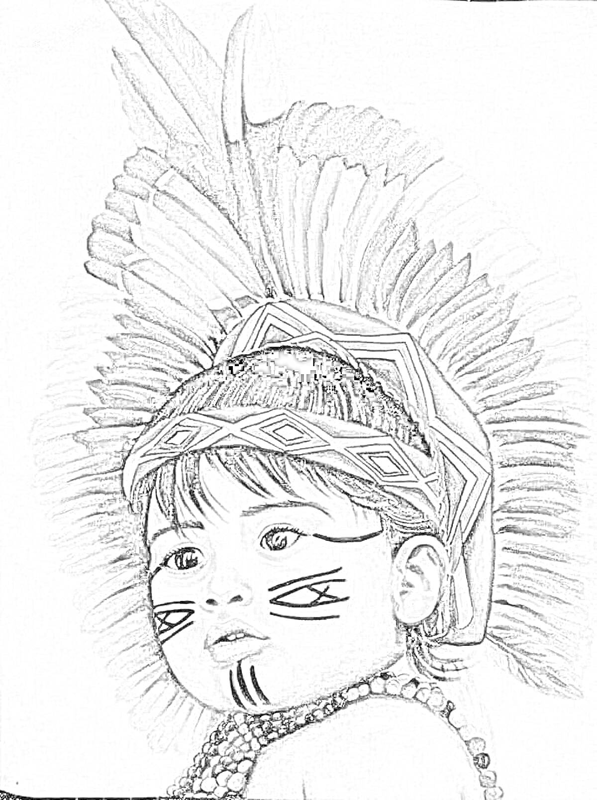 Раскраска Ребенок с индейским орнаментом на лице, в головном уборе из перьев и ожерелье