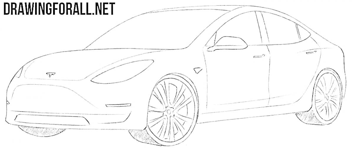 Раскраска Черно-белый контур автомобиля Tesla Model 3, вид сбоку и спереди, колеса с детальной проработкой спиц, логотип Tesla на капоте, линия крыши плавно переходит в заднюю часть автомобиля