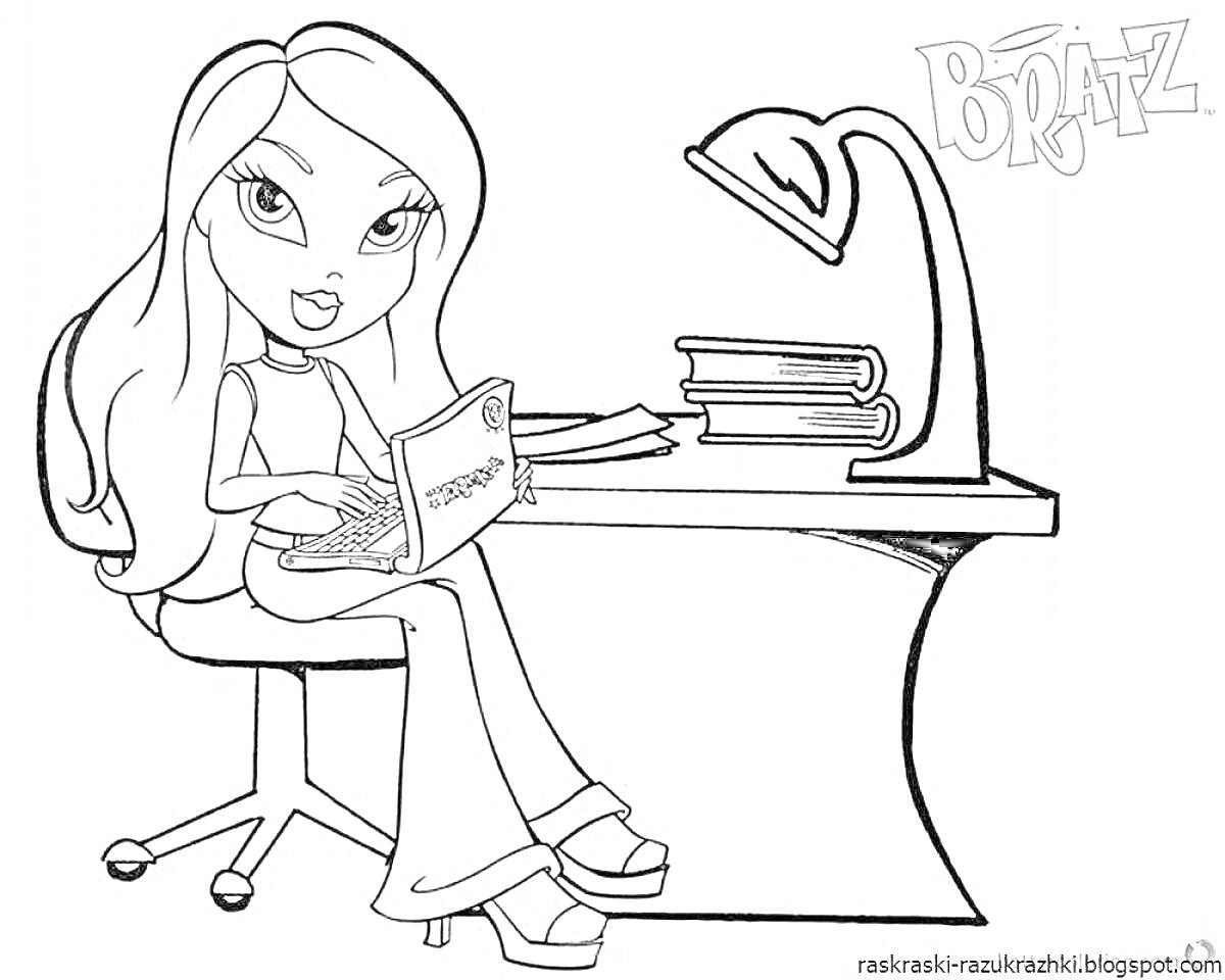 Раскраска Девушка за письменным столом с ноутбуком и книгами