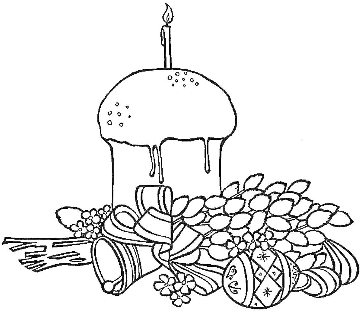 Кулич с глазурью, свеча, веточки вербы, расписные яйца и цветы