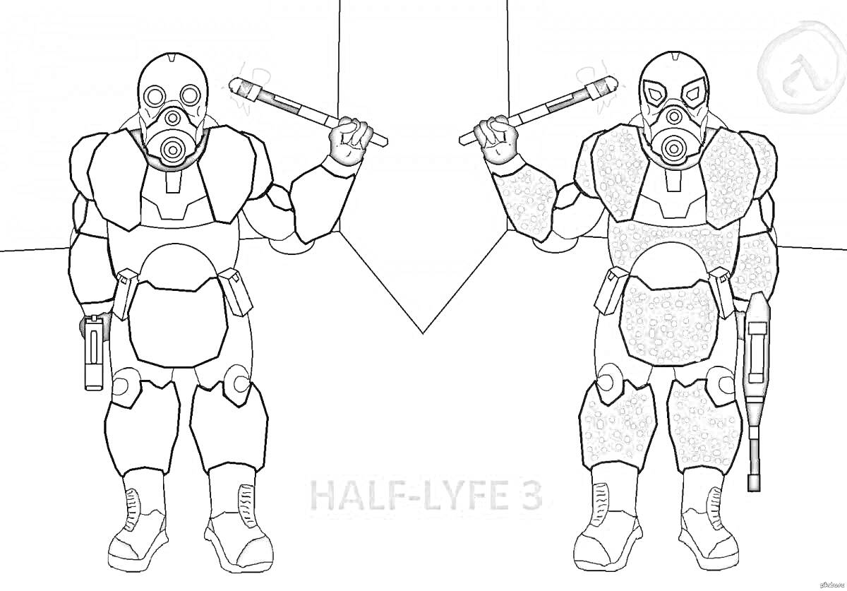 Раскраска Два солдата в броне с дубинками и масками, надпись 
