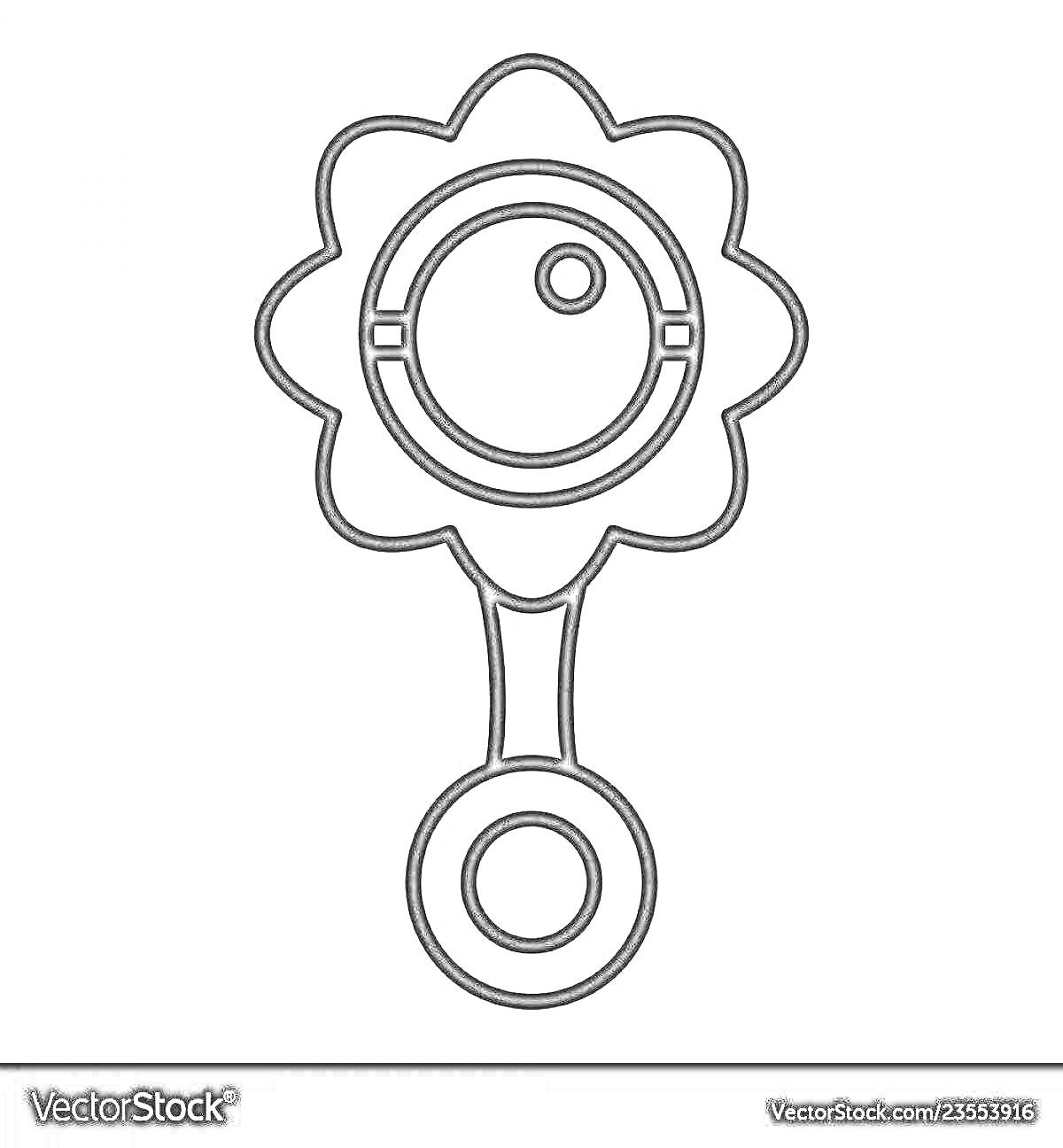 Раскраска Погремушка с цветочной головкой и кольцом