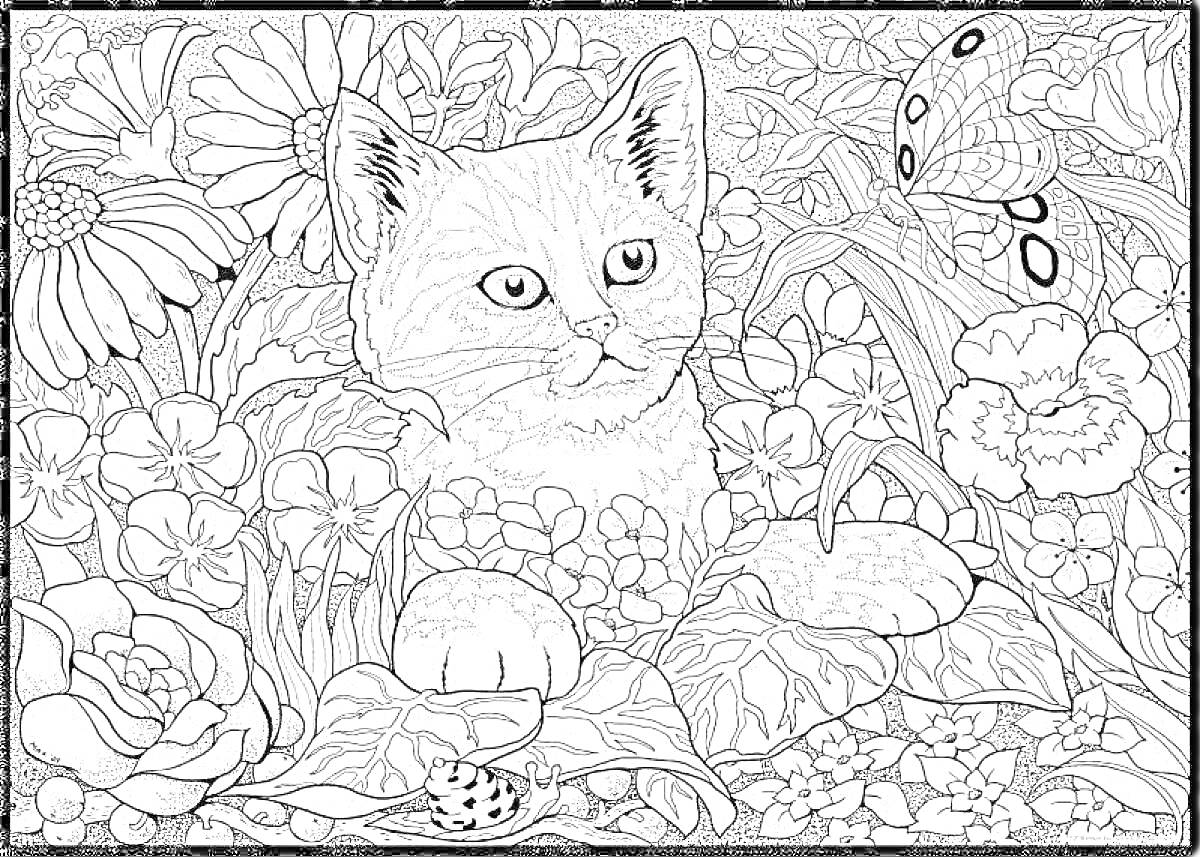 Раскраска Котёнок в цветочном саду с бабочками
