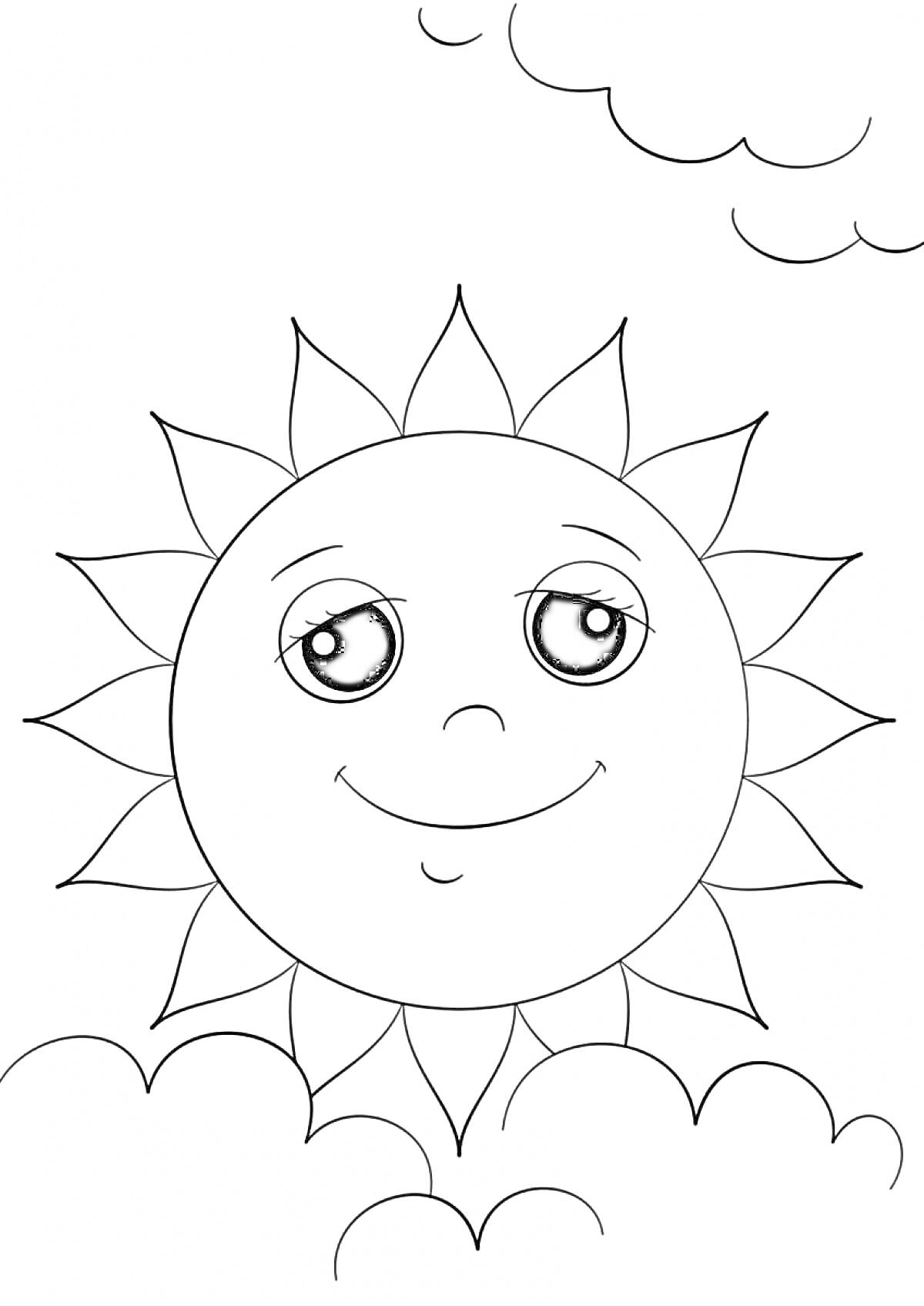 На раскраске изображено: Солнце, Облака, Лицо, Улыбка, Лучи, Небо