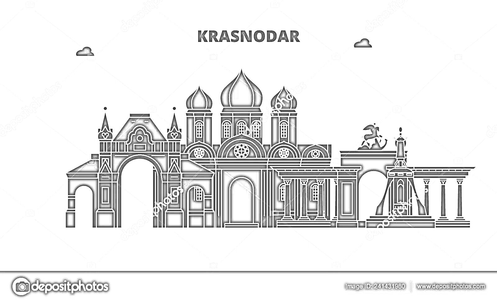 Раскраска Достопримечательности Краснодара - здание с куполами, арка, колонны, статуя на коне