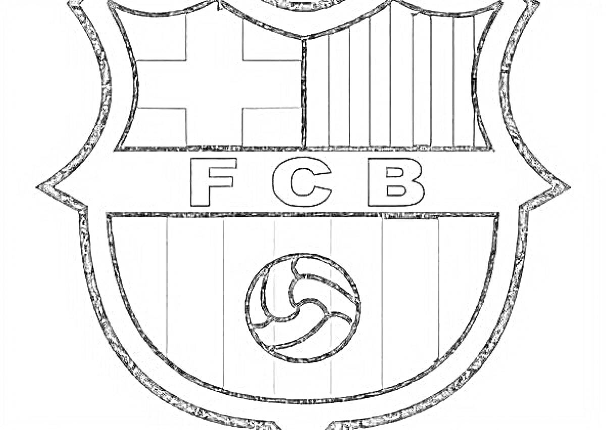 Эмблема футбольной команды FCB; крест, вертикальные полосы, буквы FCB, футбольный мяч.