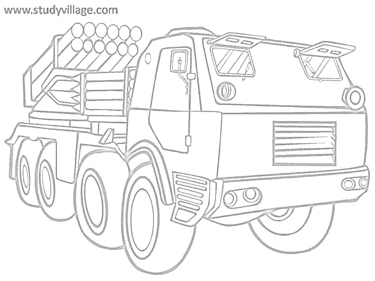 Раскраска Грузовик с установленной ракетной системой, фронтальный и боковой вид, крупные колеса, кабина и ракетные установки на задней части