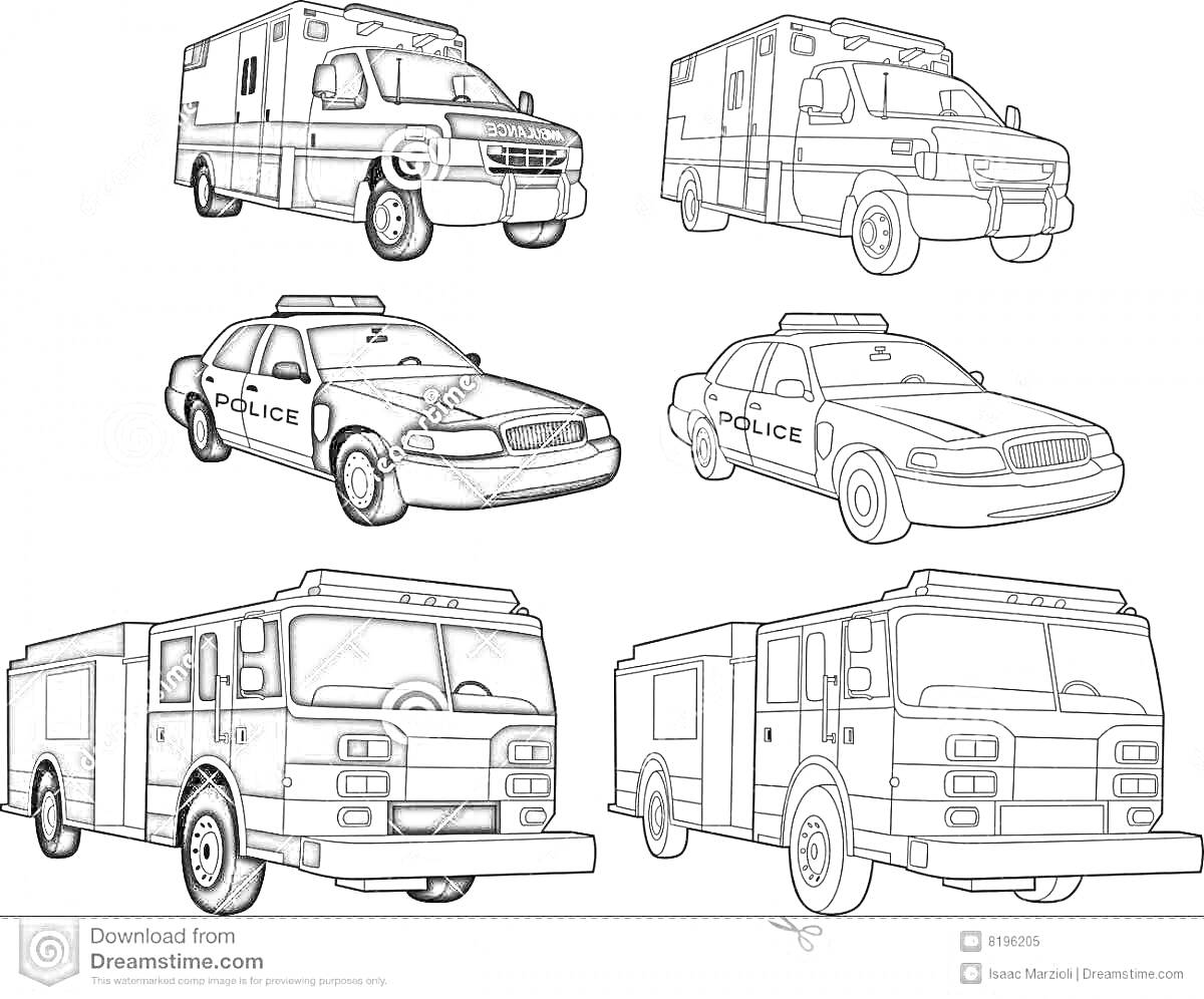 На раскраске изображено: Скорая помощь, Полицейская машина, Пожарная машина, Транспорт, Служба спасения
