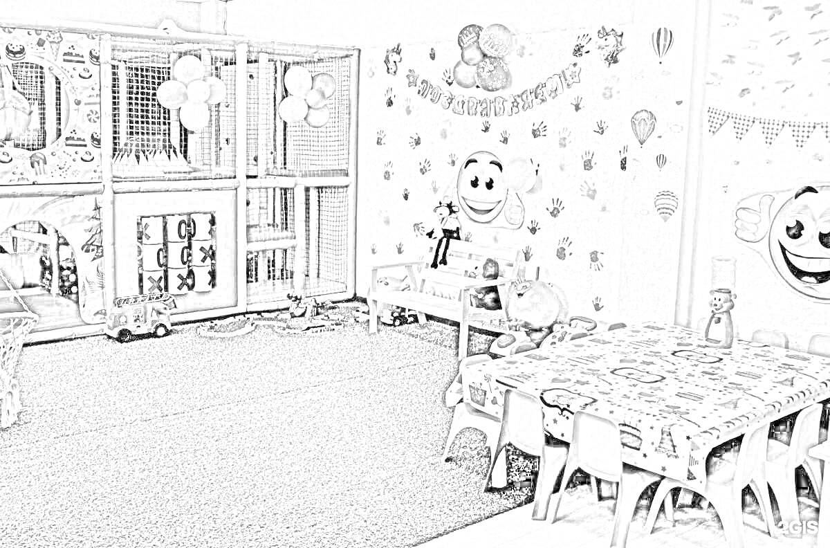 Раскраска Детская игровая комната с мягким уголком, столом и стульями, игрушками и воздушными шарами
