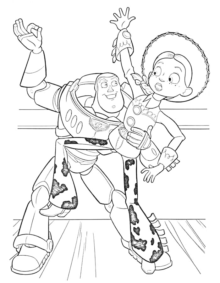 Раскраска Джесси и космический рейнджер на фоне деревянного пола