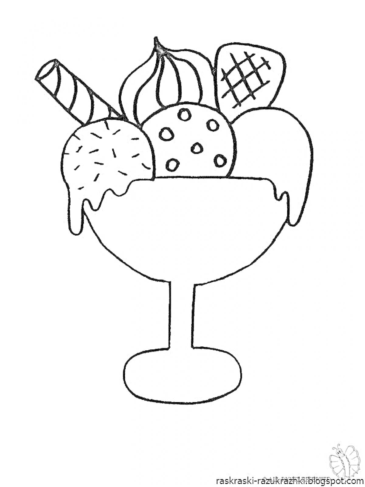 На раскраске изображено: Мороженое, Бокал, Сладости, Для девочек