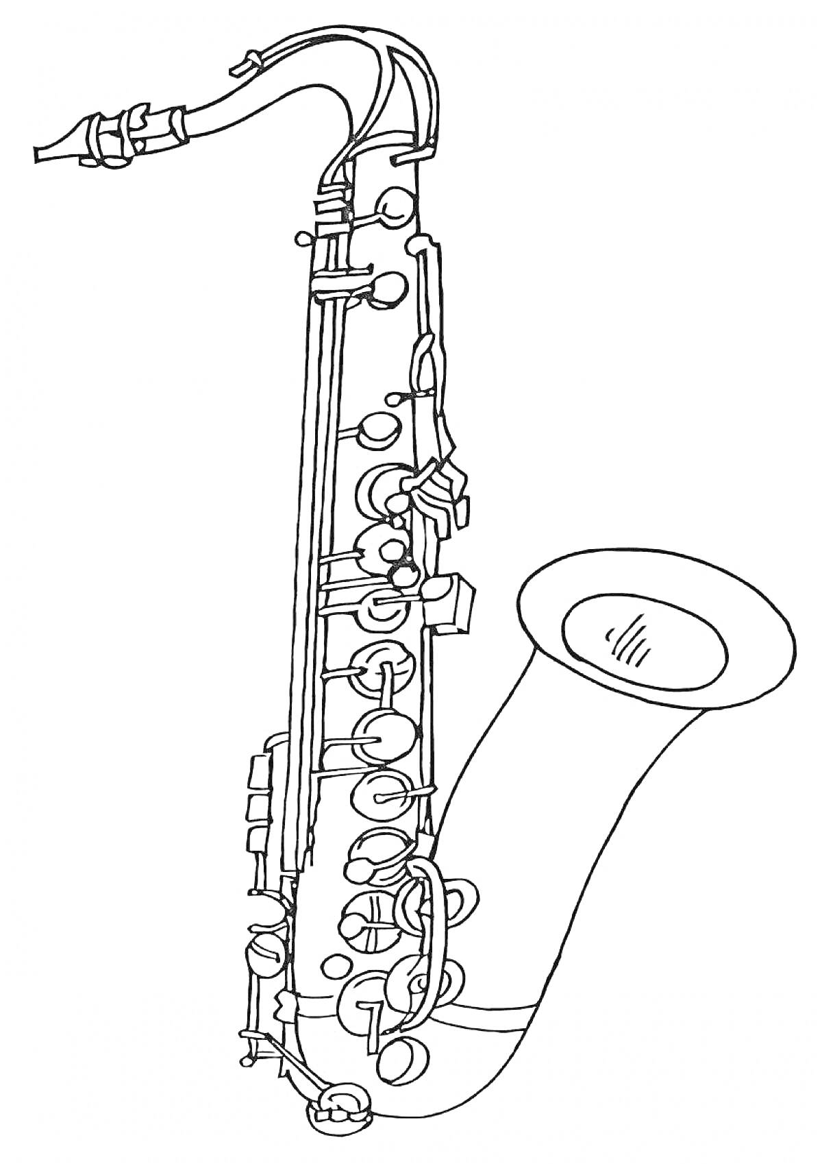 Раскраска Саксофон с мундштуком и клапанами