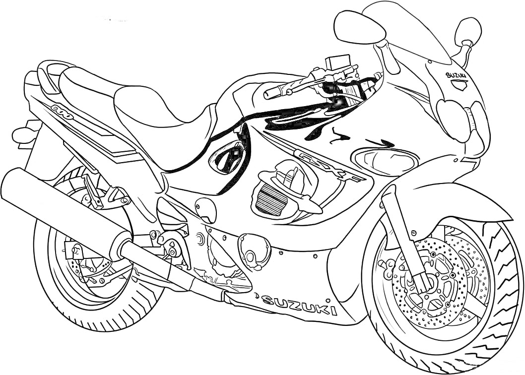Раскраска Мотоцикл Suzuki на двух колесах с ручками, сиденьем, фарой и выхлопной трубой