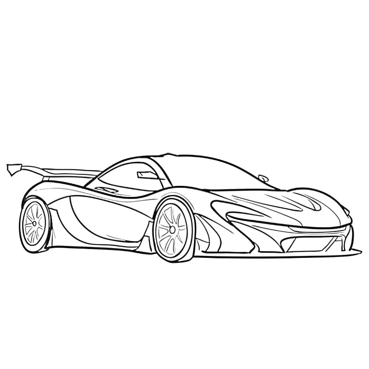 Раскраска Гоночный автомобиль McLaren с аэродинамическим спойлером, спортивными дисками и контурными линиями
